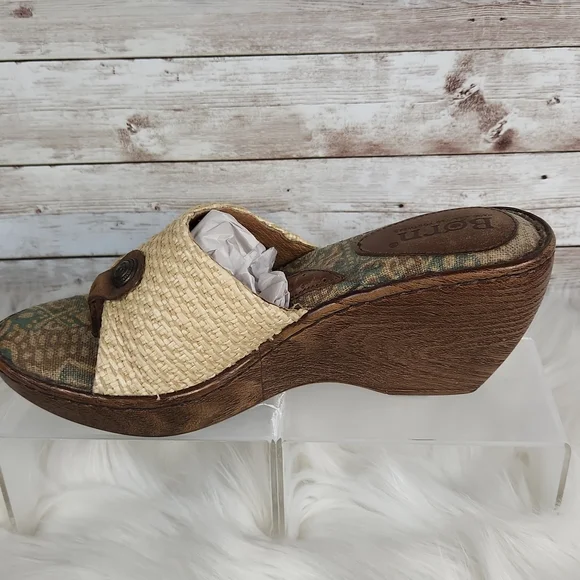 Born, Beige leather straw W62238 wedge platform Thong Sandal Shoes Sz 8/39 - Picture 3 of 7
